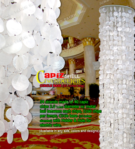 Circle wooden base hanging chandelier in round capiz chips with holder and hole for electric wire.